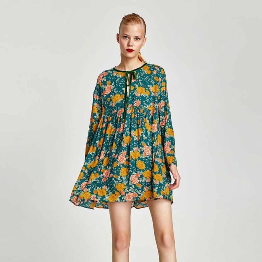 Zara Floral Long Sleeve Romper in Green with Velvet Tie